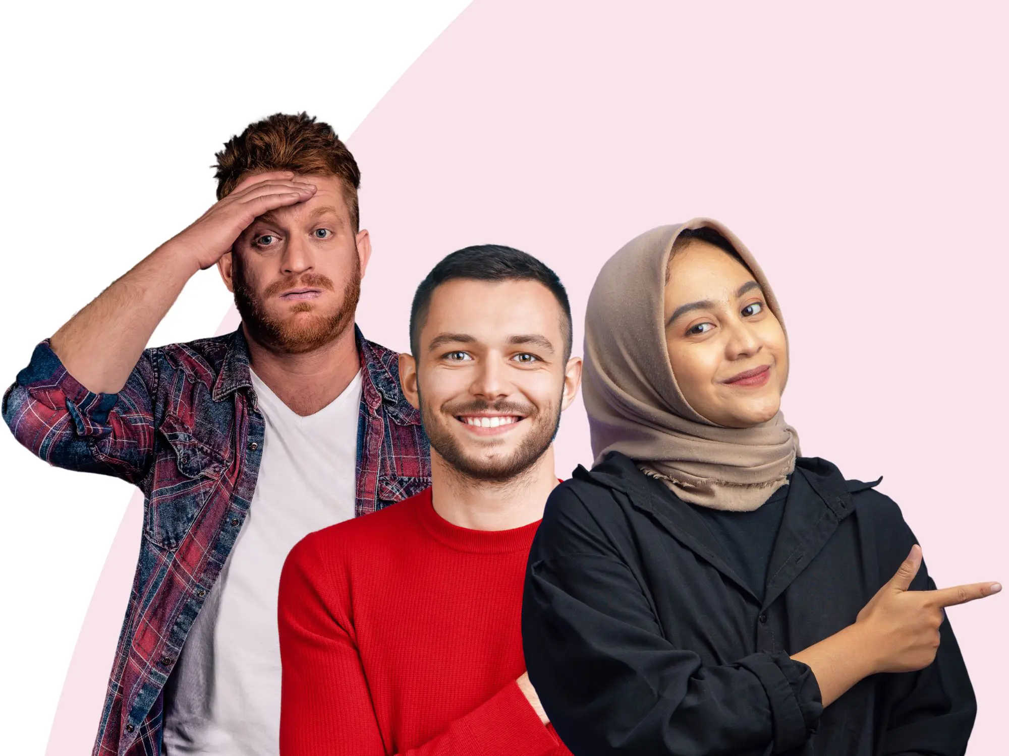 Three people standing side by side against a light pink background, each expressing different body language. The person on the left wears a plaid shirt and touches their head, the middle person wears a red sweater, and the person on the right wears a black outfit with a hijab and points to the right.