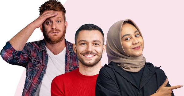 Three people standing side by side against a light pink background, each expressing different body language. The person on the left wears a plaid shirt and touches their head, the middle person wears a red sweater, and the person on the right wears a black outfit with a hijab and points to the right.