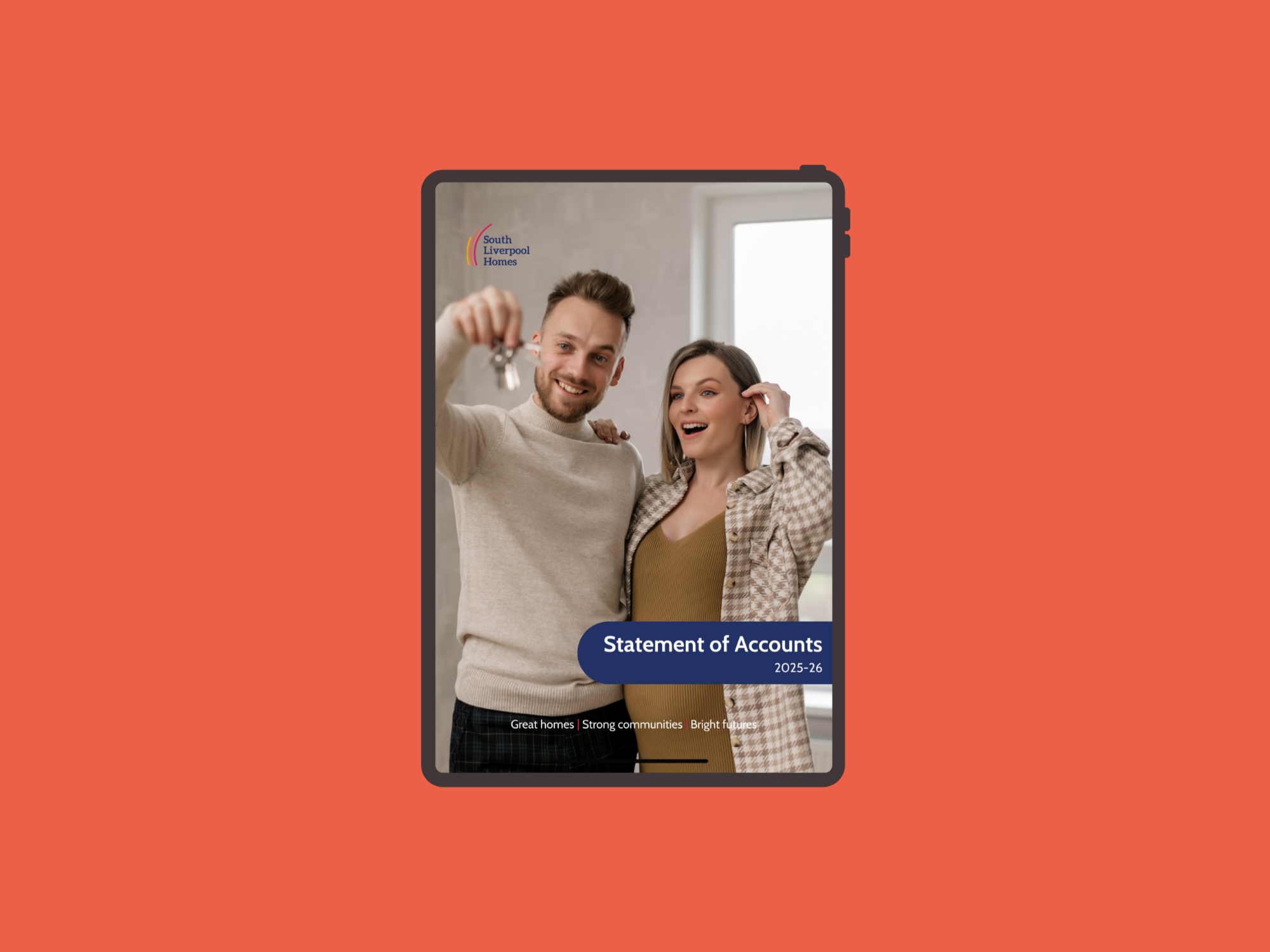 Cover image for South Liverpool Homes' Statement of Accounts 2025–26 showing two adults standing indoors and holding a set of house keys towards the camera. The South Liverpool Homes logo appears in the top left corner, with the document title displayed in a blue banner across the lower part of the image.