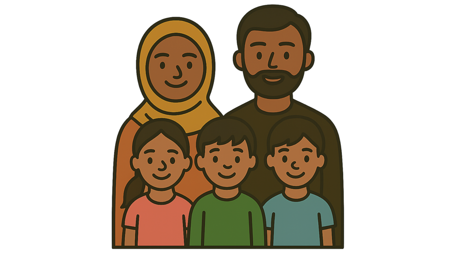 Illustration of two adults and three children standing together as a family, all smiling.