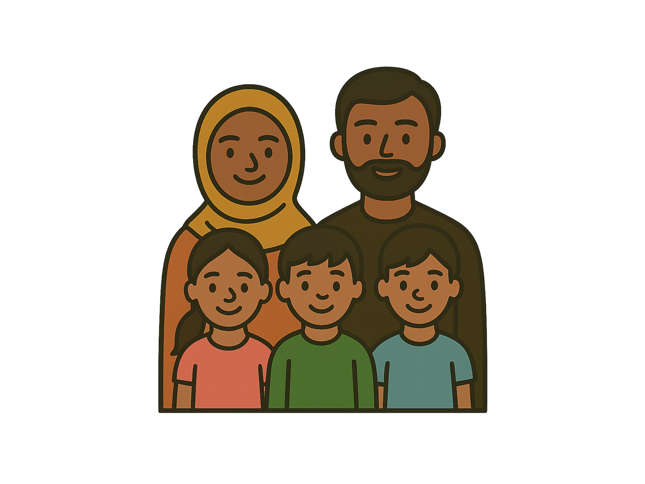 Illustration of two adults and three children standing together as a family, all smiling.