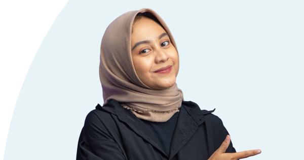 Person in a beige hijab and dark clothing pointing to the right with their right hand, against a light blue background with a white curved shape on the left.