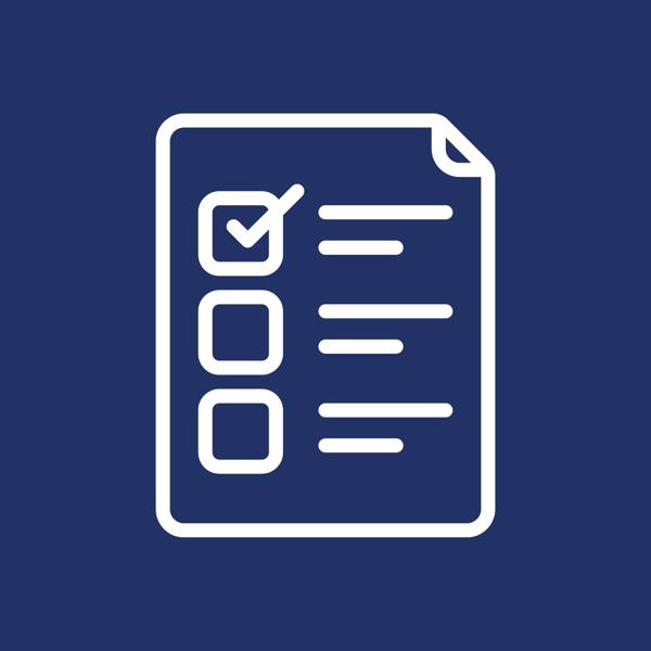Graphic of a checklist on a white piece of paper with three items; the first checkbox is ticked, and the other two are unticked. The background is dark blue.