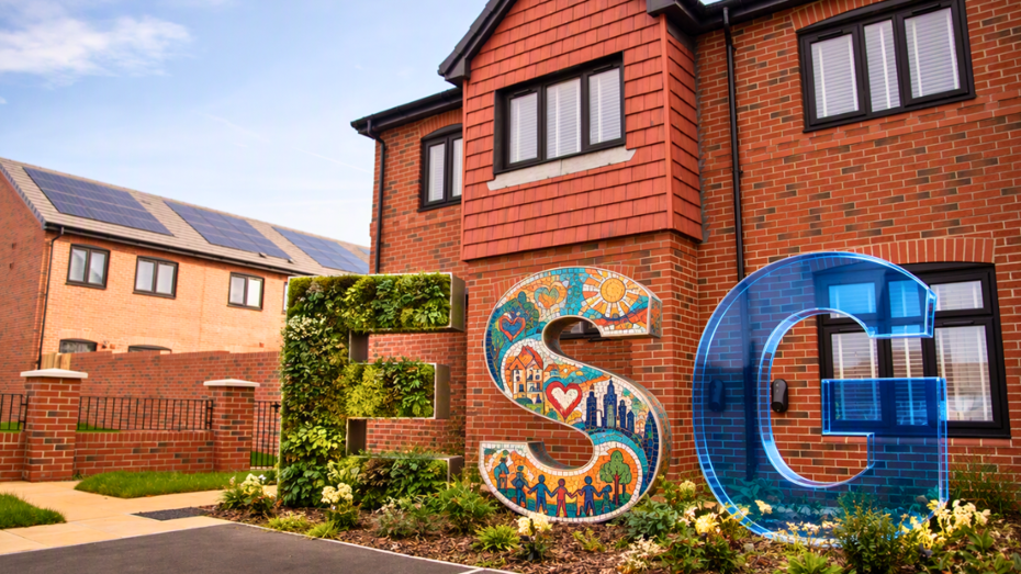 Decorative ESG letters outside modern homes, illustrating the link between sustainability, community and governance.