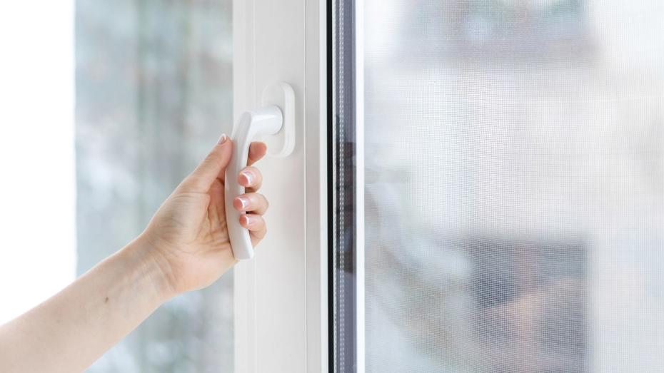 Hand turning a white handle on a partially open window with a mesh screen, and blurred buildings visible in the background. Hand turning a white handle on a partially open window with a mesh screen, and blurred buildings visible in the background.