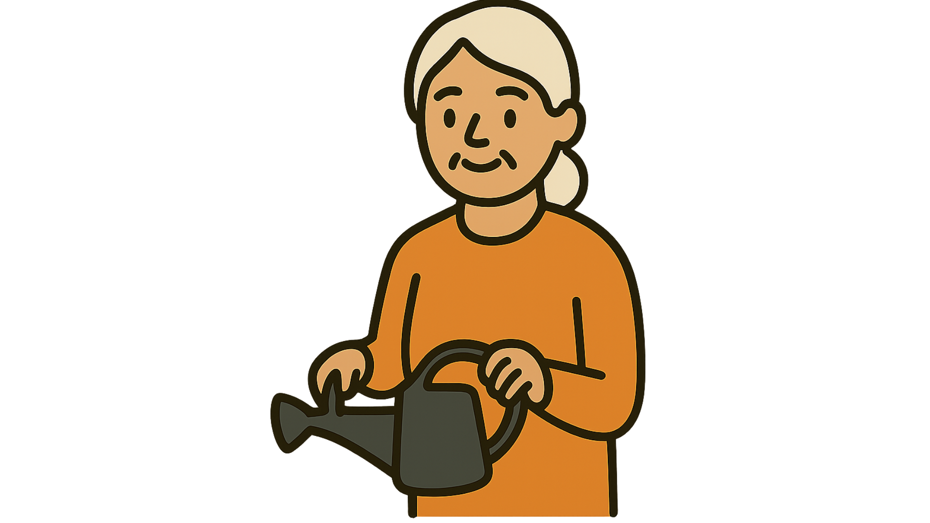 Illustration of an older adult smiling while holding a watering can.