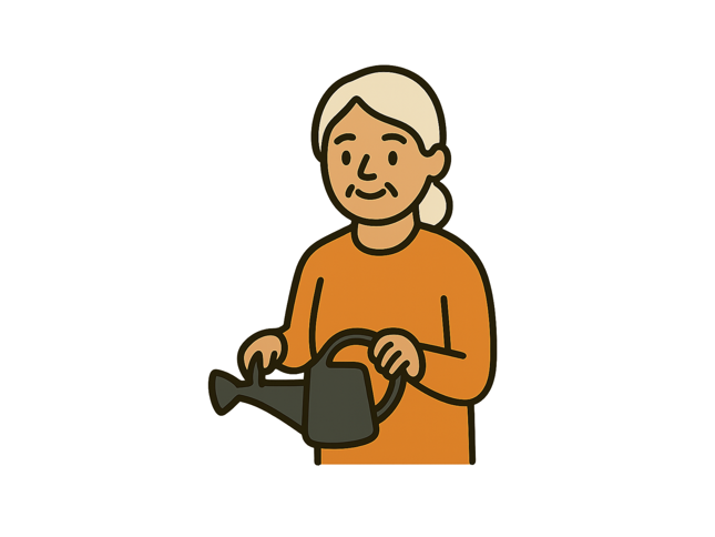 Illustration of an older adult smiling while holding a watering can.