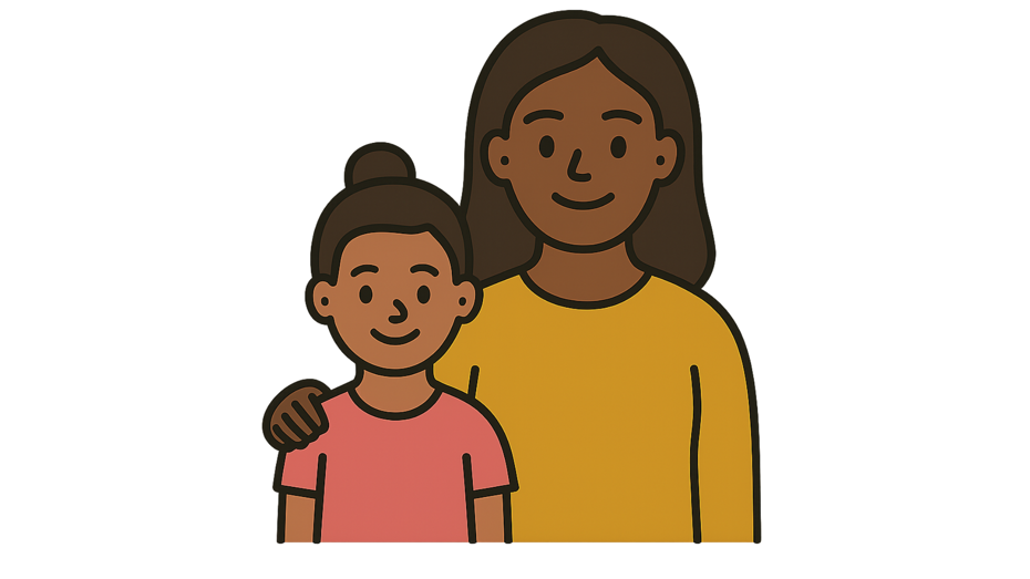 Illustration of an adult with one hand resting on the shoulder of a smiling child standing in front.