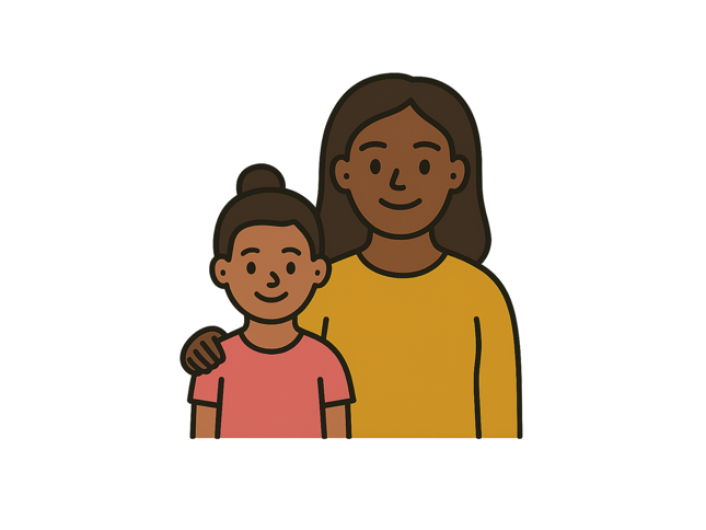 Illustration of an adult with one hand resting on the shoulder of a smiling child standing in front.