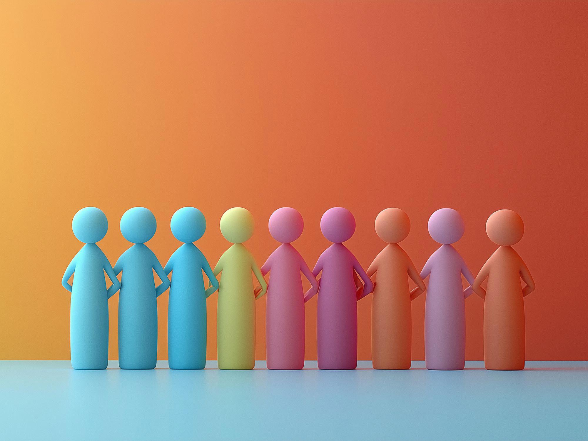 A row of eight abstract, colourful human figures standing side by side against a warm gradient background, symbolizing unity and diversity.