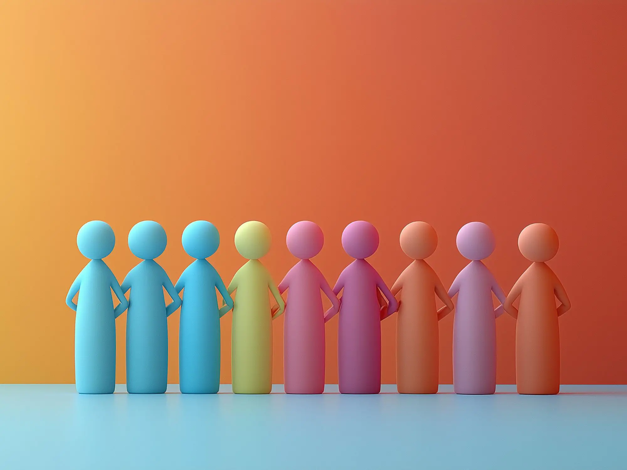 A row of eight abstract, colourful human figures standing side by side against a warm gradient background, symbolizing unity and diversity.