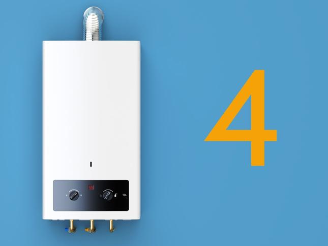 "White tankless water heater mounted on a blue wall, displaying '55' in red digital text, with two control knobs on the front panel and a vent pipe at the top. A large number '4' is visible to the right "White tankless water heater mounted on a blue wall, displaying '55' in red digital text, with two control knobs on the front panel and a vent pipe at the top. A large number '4' is visible to the right