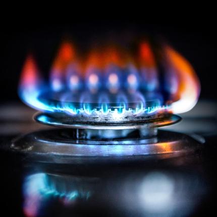 Blue flames burning on a gas stove burner.