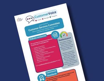 Document titled 'CustomerVoice' with the tagline 'Inclusive, Meaningful, Transparent', summarising the Customer Services Committee’s 2024 activities including policy reviews, performance monitoring, and compliance with consumer standards.