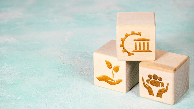Three wooden blocks stacked on a light blue background, each engraved with a symbol: a gear and building for governance, hands holding a plant for sustainability, and hands cradling people for community support.