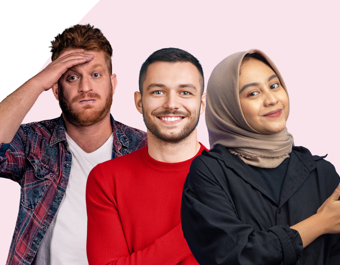 Three people standing side by side against a light pink background. The person on the left wears a plaid shirt and has one hand on their forehead. The middle person wears a red sweater, smiling with arms crossed. The person on the right wears a dark jacket and headscarf, pointing to the right while smiling slightly.