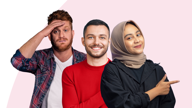 Three people standing side by side against a light pink background. The person on the left wears a plaid shirt and has one hand on their forehead. The middle person wears a red sweater, smiling with arms crossed. The person on the right wears a dark jacket and headscarf, pointing to the right while smiling slightly.
