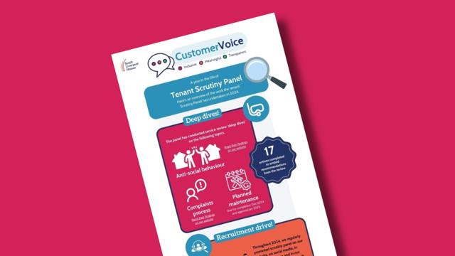 Infographic titled "Customer Voice" with the tagline "Inclusive Meaningful Transparent." It outlines the Tenant Scrutiny Panel’s work, including deep dives into anti-social behavior, complaints processes, and planned maintenance. It notes 17 completed actions in 2024 and mentions recruitment drives held throughout that year.