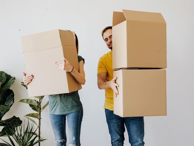 Two people carrying large cardboard boxes into a bright room with a green houseplant in the background. Two people carrying large cardboard boxes into a bright room with a green houseplant in the background.
