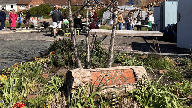 A community garden at Grow Speke with spring flowers and plants in the foreground and a small tree planted in a raised bed. A wooden sign at the front reads “Grow Speke.” In the background, people are gathered around tables and activities on a sunny day, with houses and garden structures visible behind them.