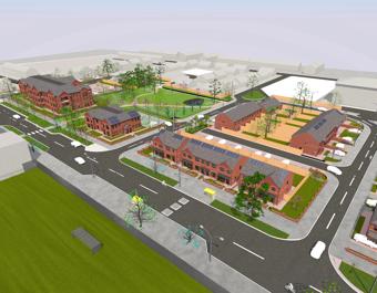 3D rendering of a suburban neighborhood with red-brick houses, grey roofs, intersecting streets, sidewalks, streetlights, green spaces, parks, playgrounds, and parking areas.