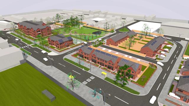 3D rendering of a suburban neighborhood with red-brick houses, grey roofs, intersecting streets, sidewalks, streetlights, green spaces, parks, playgrounds, and parking areas.