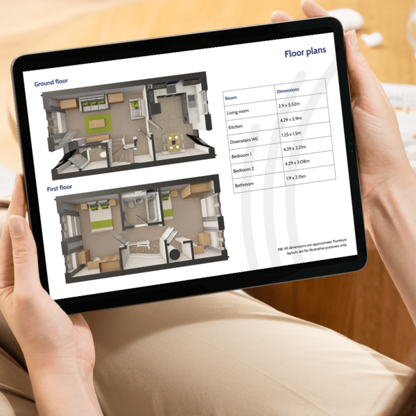 Person holding a tablet displaying a property brochure with 3D floor plans of a home, showing ground and first floor layouts alongside a table of room dimensions.