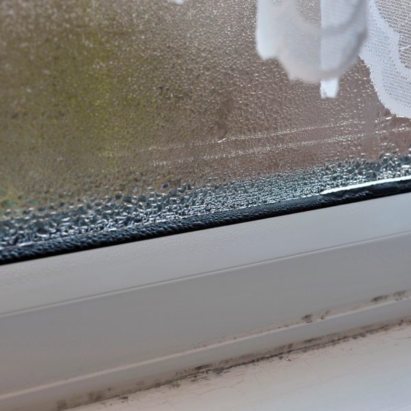 Close-up of a window with condensation and water droplets on the glass, indicating high humidity or poor ventilation.