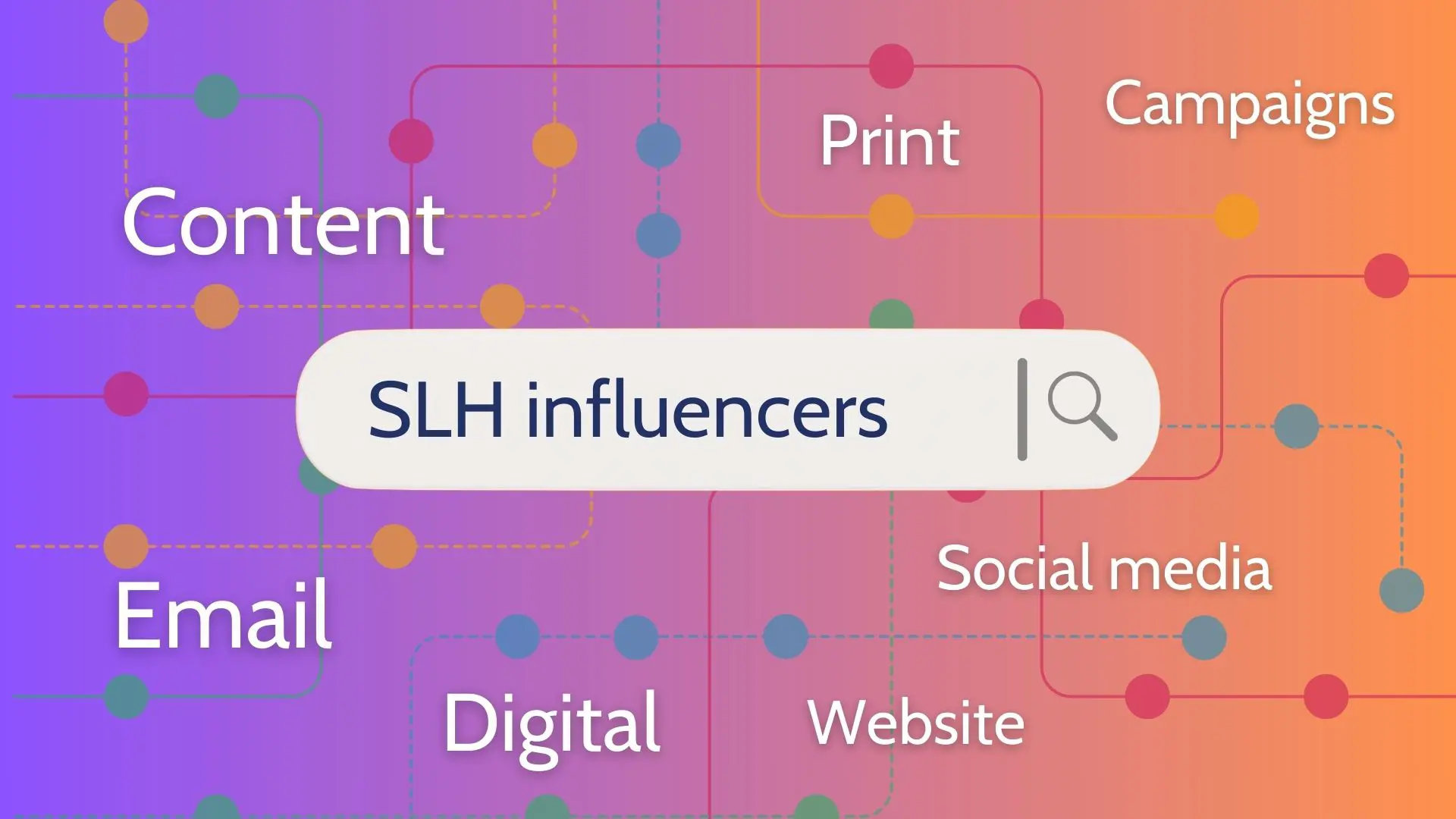 A vibrant gradient background transitioning from purple to orange, featuring interconnected multicolored dots and lines. At the center is a search bar labeled "SLH influencers" with a magnifying glass icon. Surrounding the search bar are digital marketing terms—Content, Email, Digital, Website, Social media, Campaigns, and Print—linked by lines to various colored dots, illustrating their interconnected roles in marketing strategy.