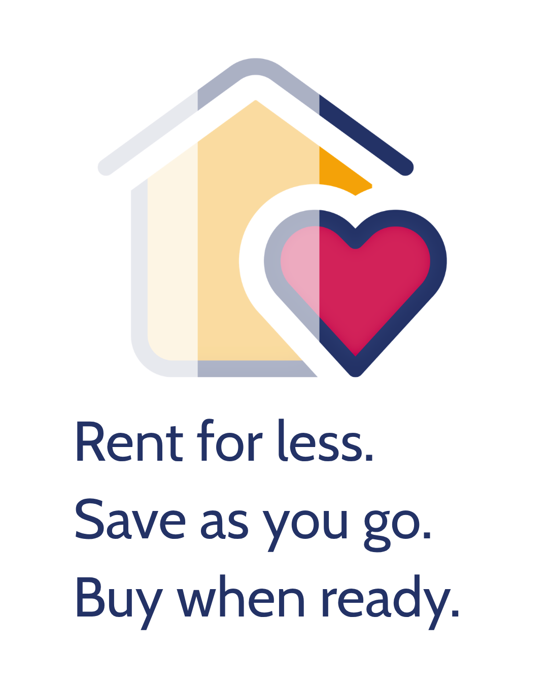 Graphic showing a stylised house outline in grey and yellow with a heart shape overlapping the right side. The heart is red with a dark blue outline. Below the image, text reads: “Rent for less. Save as you go. Buy when ready.”