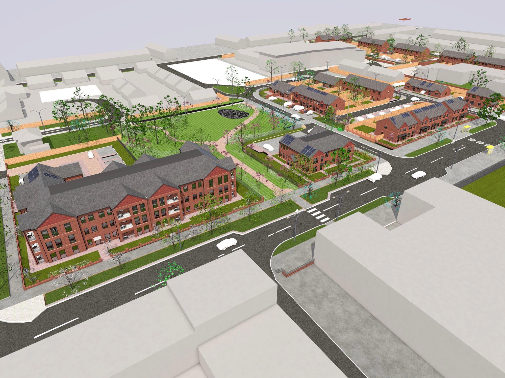 Aerial view of a planned residential development featuring red brick multi-story buildings, smaller homes with solar panels, organized streets, crosswalks, sidewalks, and landscaped green spaces with trees and grass.
