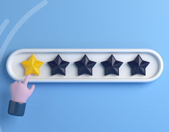 A five-star rating system with only the first star highlighted in yellow, indicating a one-star rating. A hand points to the yellow star. The background is blue with curved lines on the left side.