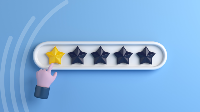 A five-star rating system with only the first star highlighted in yellow, indicating a one-star rating. A hand points to the yellow star. The background is blue with curved lines on the left side.