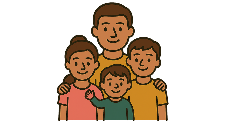 Illustration of two adults standing behind two children, all smiling together.