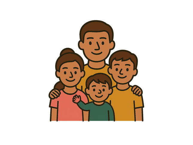 Illustration of two adults standing behind two children, all smiling together.