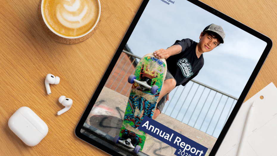 South Liverpool Homes Annual Report 2025/26 displayed on a tablet screen on a desk.