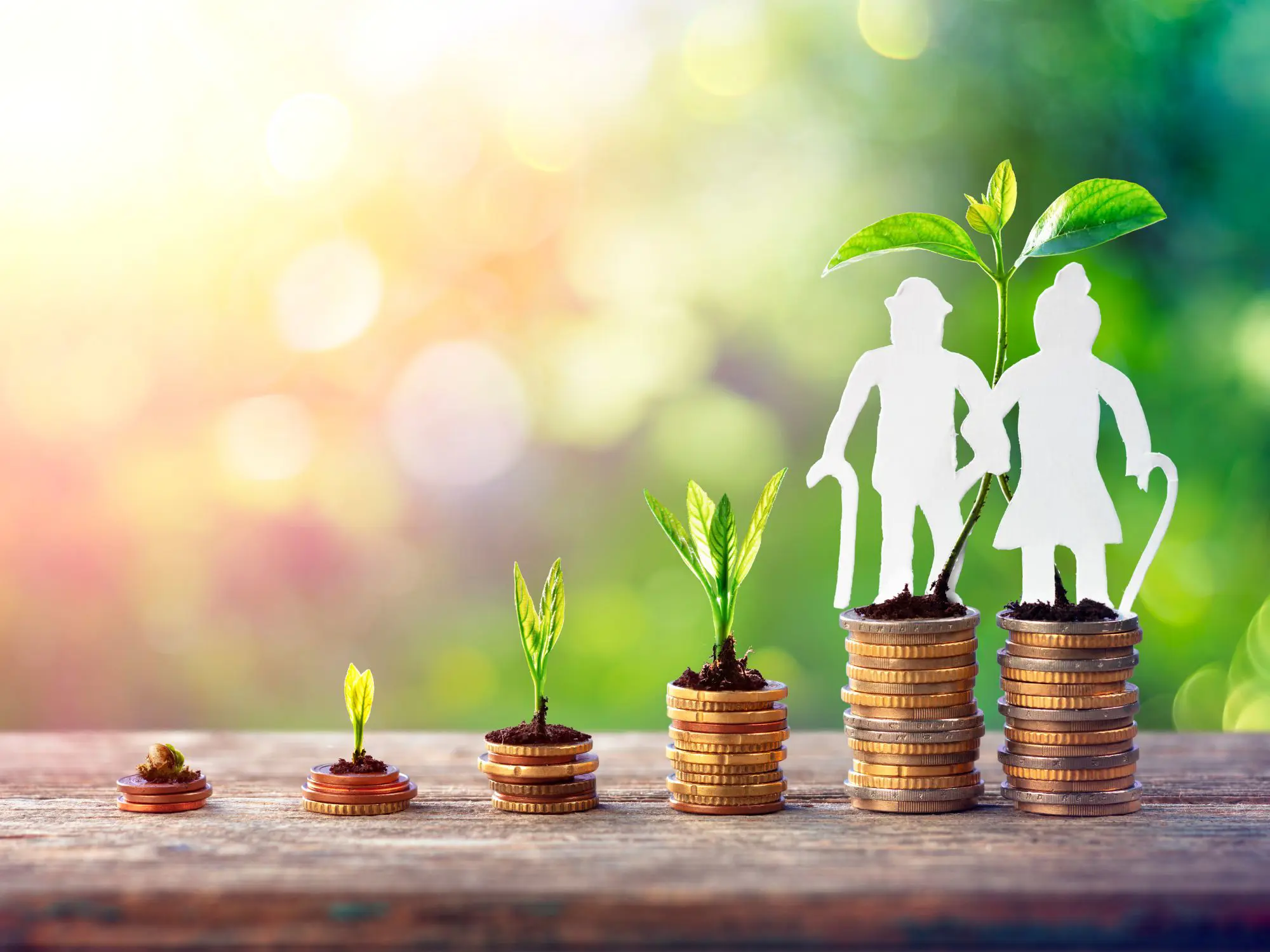 A visual progression of growing plants on increasingly tall stacks of coins, symbolizing financial growth. The tallest stack features two paper cut-outs of elderly people, representing long-term financial planning or retirement savings.