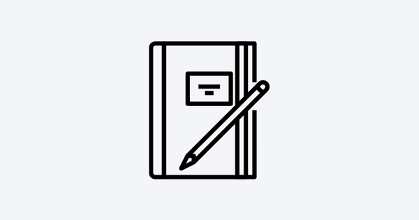 A black and white line drawing of a notebook with a pencil placed diagonally across its cover. The notebook features a rectangular label with two horizontal lines and two vertical lines on the right side.