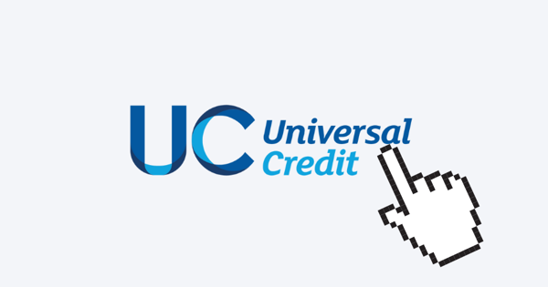The Universal Credit logo with stylized blue “UC” letters and the words “Universal Credit” beside it. A large pixelated cursor hand points toward the text.