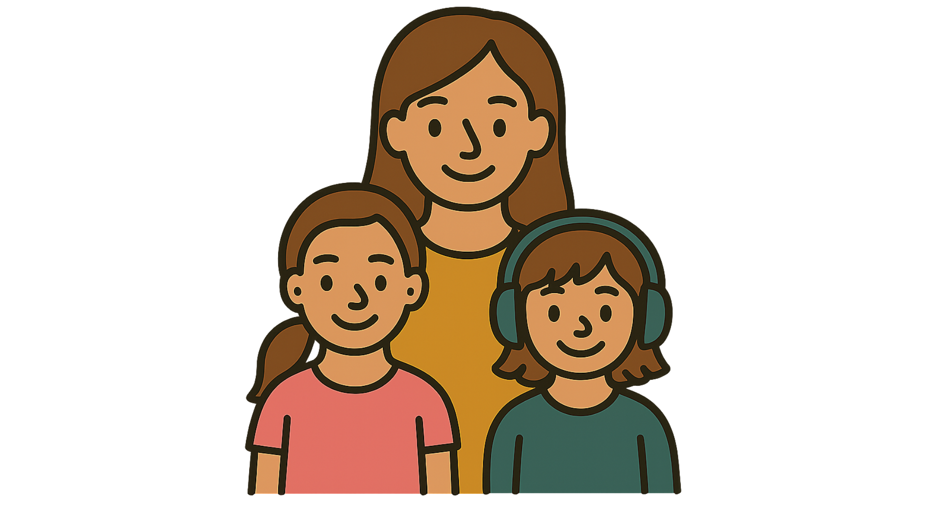 Illustration of an adult standing behind two smiling children, one of whom is wearing headphones.