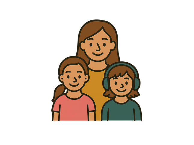 Illustration of an adult standing behind two smiling children, one of whom is wearing headphones.