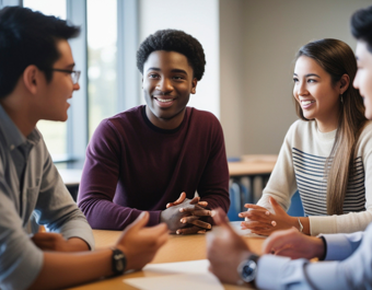 “Four people seated around a table in a meeting room, talking together. Papers are on the table and the group appear to be having a discussion.”