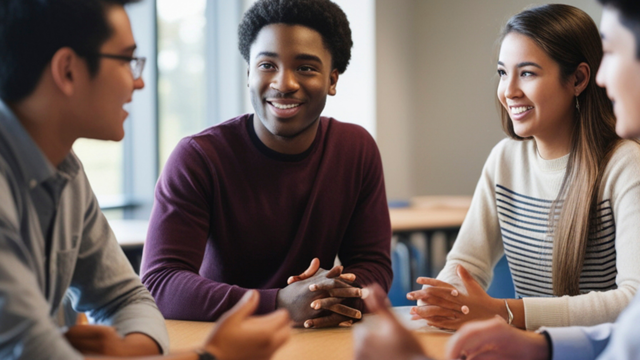 “Four people seated around a table in a meeting room, talking together. Papers are on the table and the group appear to be having a discussion.”