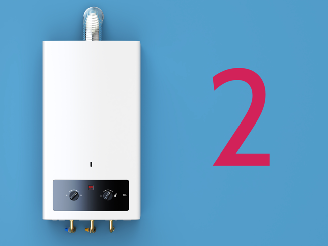 "White tankless water heater mounted on a blue wall, displaying '55' in red digital text, with two control knobs on the front panel and a vent pipe at the top. A large number '2' is visible to the right "White tankless water heater mounted on a blue wall, displaying '55' in red digital text, with two control knobs on the front panel and a vent pipe at the top. A large number '2' is visible to the right