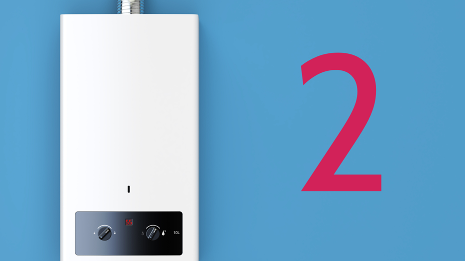"White tankless water heater mounted on a blue wall, displaying '55' in red digital text, with two control knobs on the front panel and a vent pipe at the top. A large number '2' is visible to the right "White tankless water heater mounted on a blue wall, displaying '55' in red digital text, with two control knobs on the front panel and a vent pipe at the top. A large number '2' is visible to the right