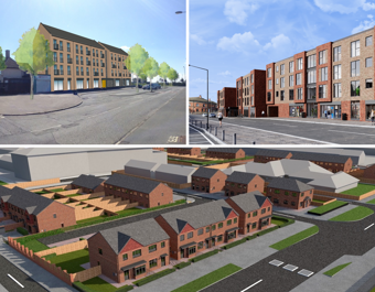 Three architectural renderings of urban development projects. Top left: a modern multi-story building with large windows and a sloped roof at a tree-lined intersection. Top right: a similar building with brick facades, large windows, and ground-floor commercial spaces in a detailed street setting. Bottom: an aerial view of a residential neighborhood with rows of pitched-roof houses, driveways, and green spaces.