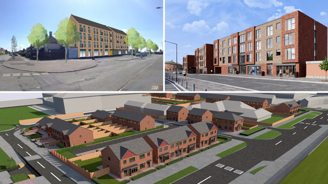 Three architectural renderings of urban development projects. Top left: a modern multi-story building with large windows and a sloped roof at a tree-lined intersection. Top right: a similar building with brick facades, large windows, and ground-floor commercial spaces in a detailed street setting. Bottom: an aerial view of a residential neighborhood with rows of pitched-roof houses, driveways, and green spaces.