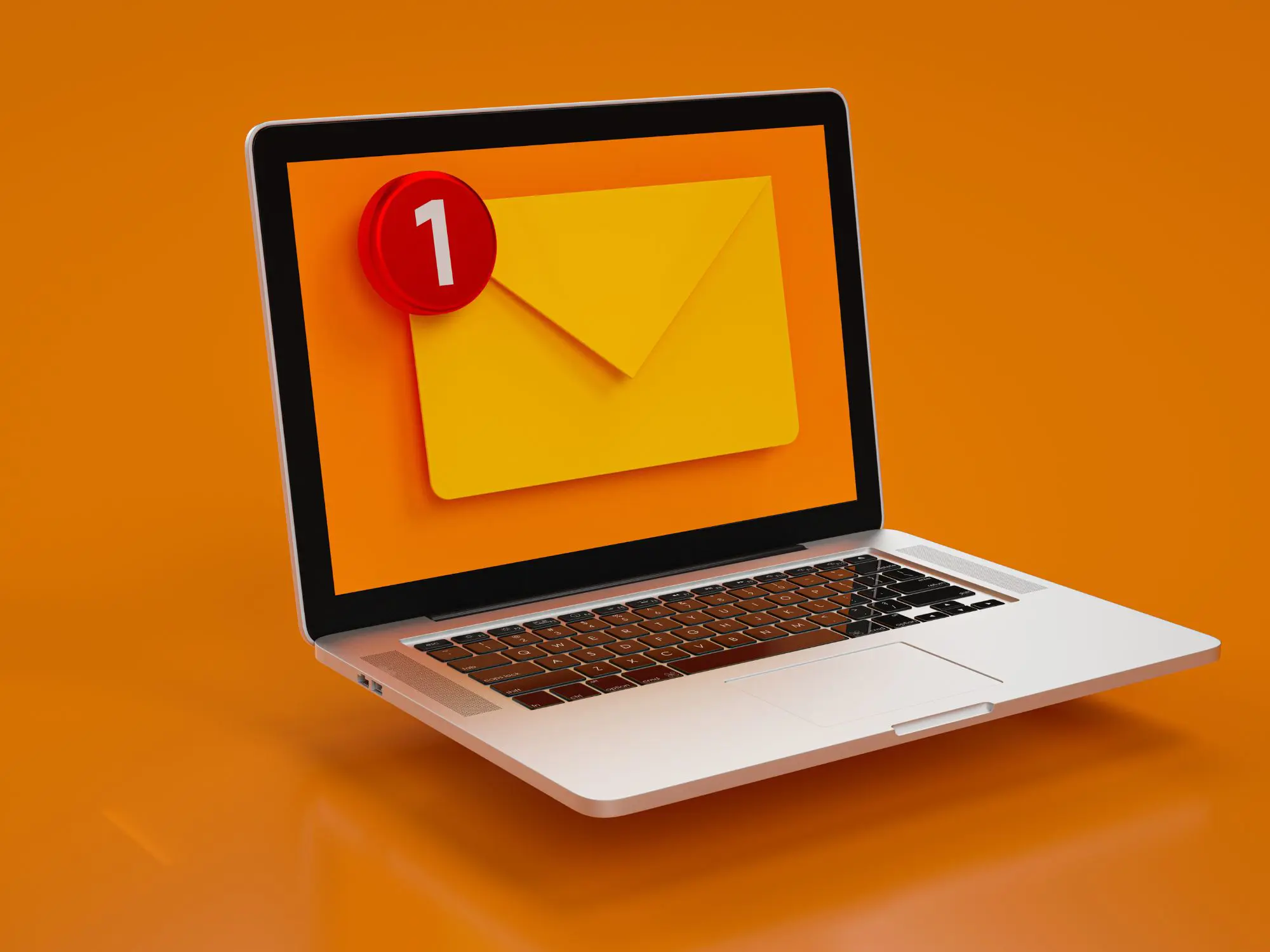 Laptop displaying a large yellow envelope icon with a red notification badge showing '1', set against an orange background.