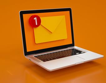 Laptop displaying a large yellow envelope icon with a red notification badge showing '1', set against an orange background.