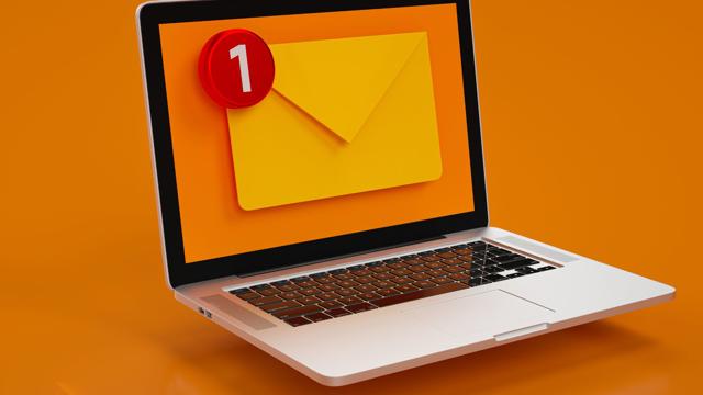 Laptop displaying a large yellow envelope icon with a red notification badge showing '1', set against an orange background.